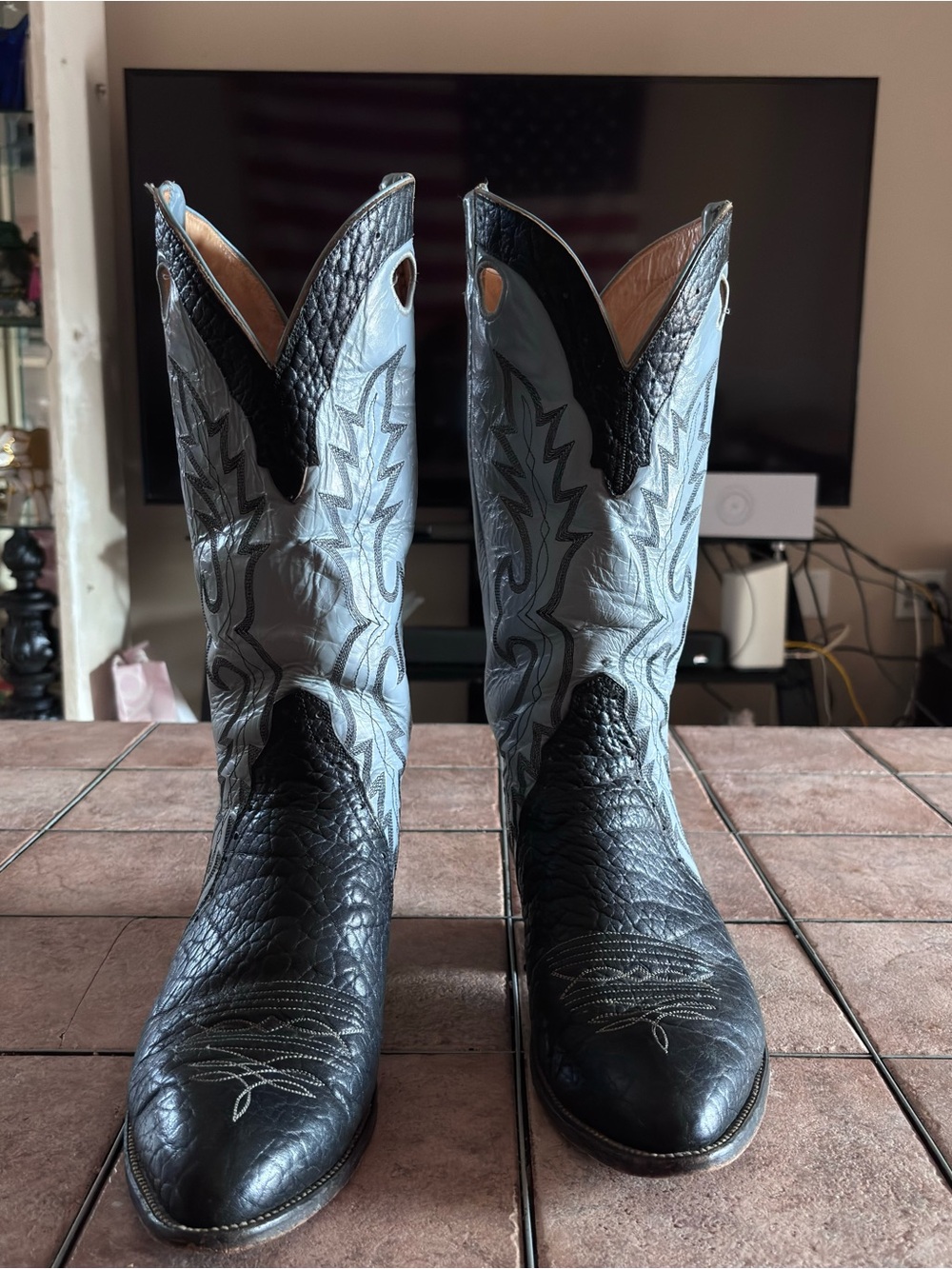 Hondo Mens 12D Western Cowboy Boots 8974 Black Shrunken Shoulder Blue